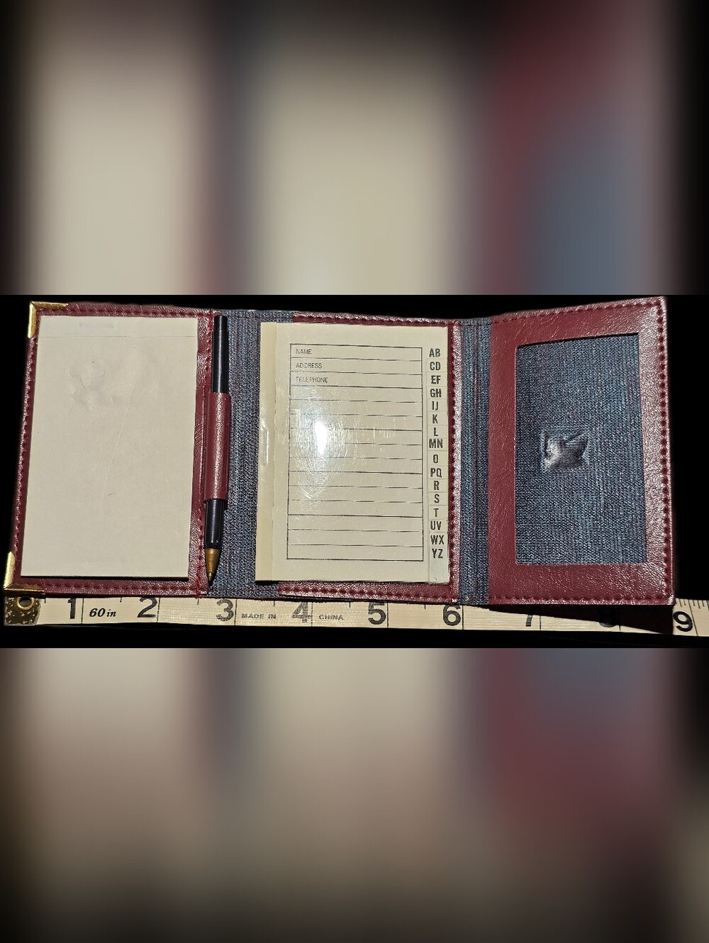 Vintage Never Used Leather Tri-Fold Notebook Cover in Burgundy with Pen NWOT